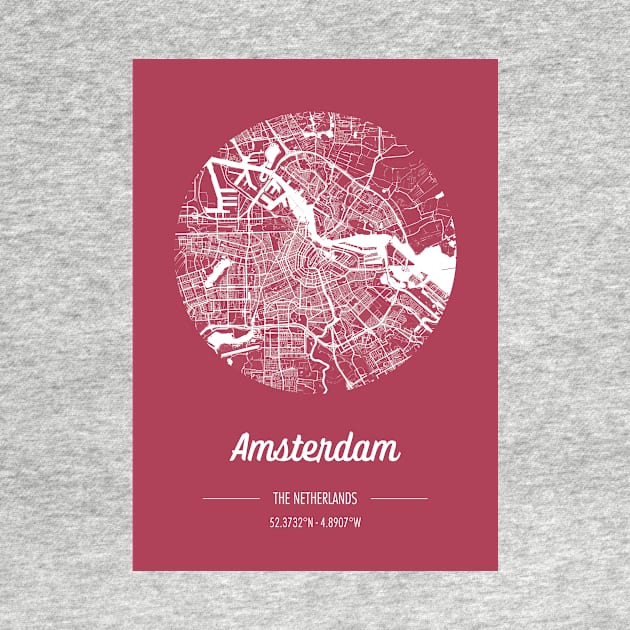 City map in red: Amsterdam, The Netherlands, with retro vintage flair by AtlasMirabilis